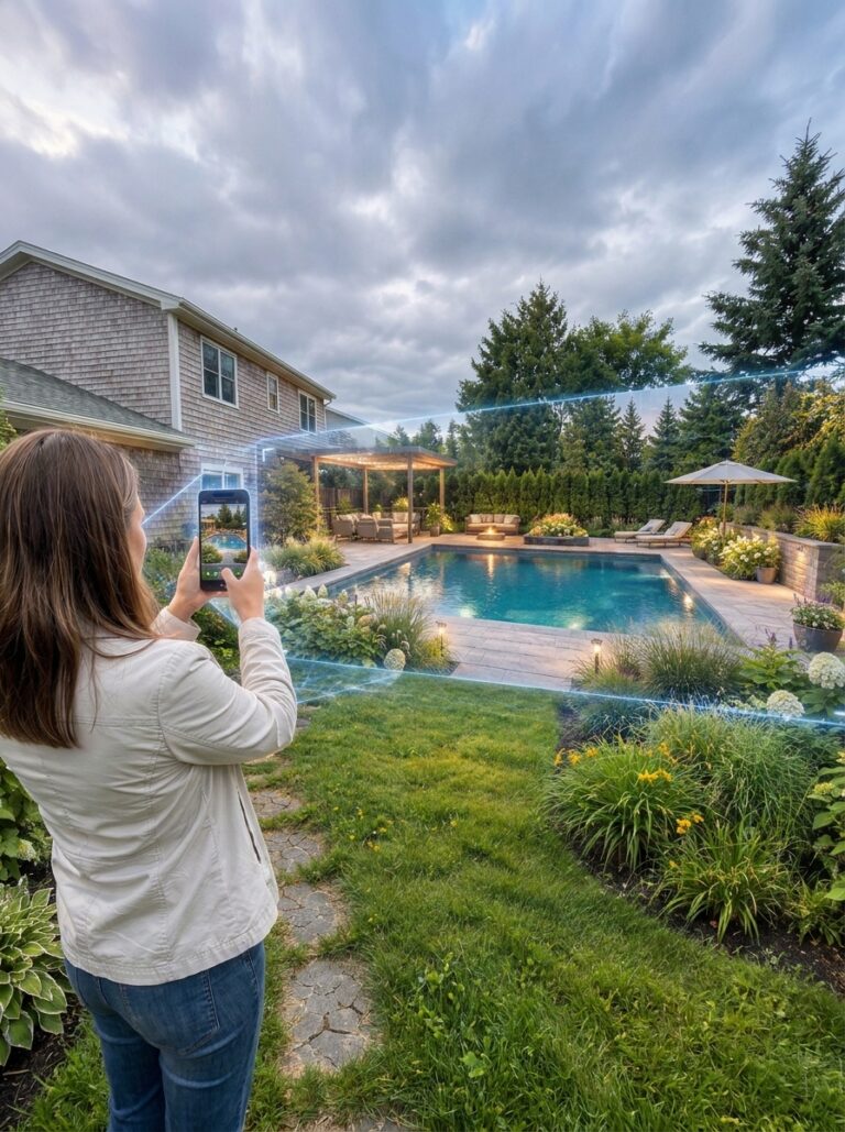 Homeowner using smartphone to photograph luxury backyard pool and patio design with digital measurement overlay in Fredericton New Brunswick