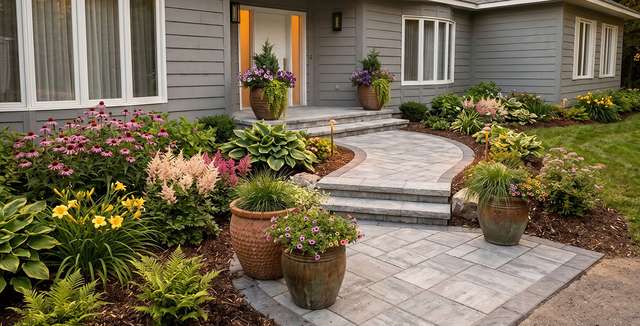 Landscaped home entrance with stone paving and planting